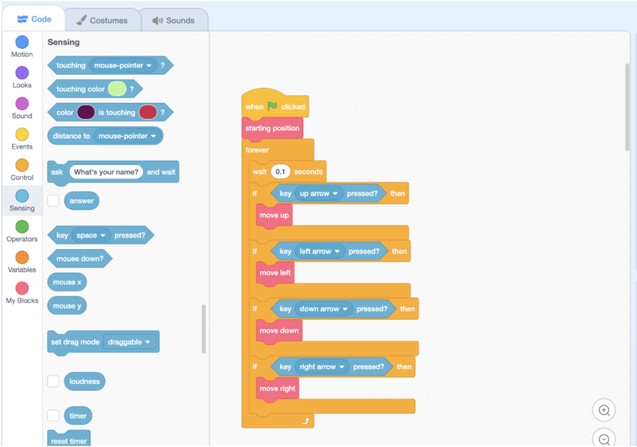 Identify four sensing blocks used in Scratch and describe what they do.